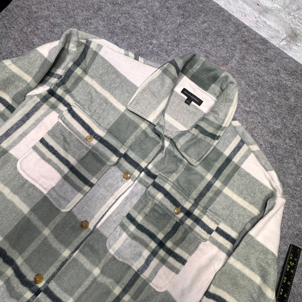 Banana Republic Womens Plaid Shacket Sage Green Wool Blend Shirt Jacket Large